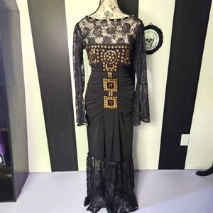 bebe Black and Gold Long Sleeve Lace Dress